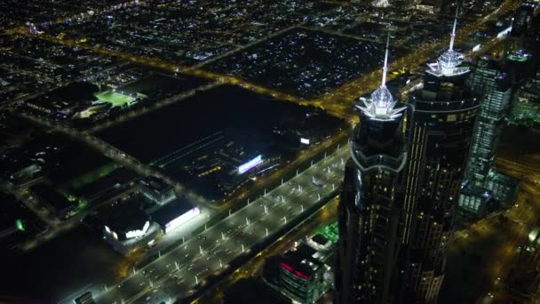 Aerial City Illuminated Overhead Night View Burj Khalifa Hotel Condominiums — Stock Video