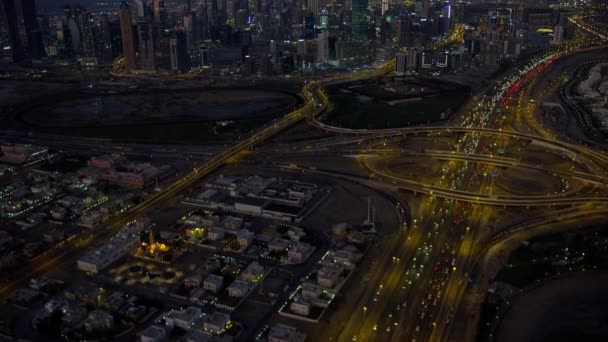 Cidade Aérea Vista Noturna Burj Khalifa Khail Estrada Intersecção Business — Vídeo de Stock