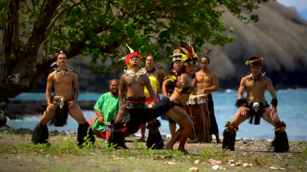 玻利尼西亚人鸟舞蹈由当地马贵斯群岛男性和女性小组在海滩上表演传统的服装演奏乐器努库阿洛法 Hiva 马克萨斯南太平洋 — 图库视频影像