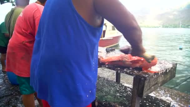 マルケサス諸島 南太平洋 2018 ビューのマルケサス諸島村男性ヌクヒバ商業市場 Taiohae 町の鯛魚を準備リモート マルケサス諸島南太平洋の島 — ストック動画