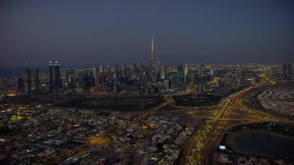 Aerial Night City View Burj Khalifa Khail Road Intersection Business — Stock Video