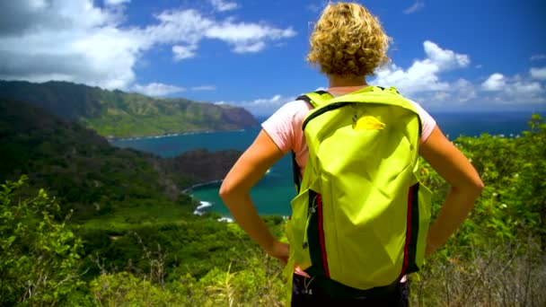 Female Hiker Looking Remote Scenic Coastline Nahoe Mountains Lush Tropical — Stock Video