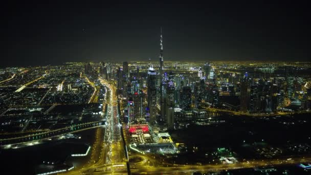 Vista Aérea Burj Khalifa Sheikh Zayed Carretera Noche Iluminado Horizonte — Vídeos de Stock