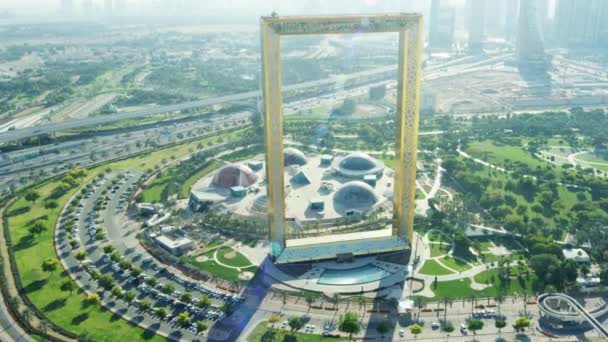 Luchtfoto Stadszicht Van Dubai Foto Frame Architecturale Landmark Faisal Park — Stockvideo