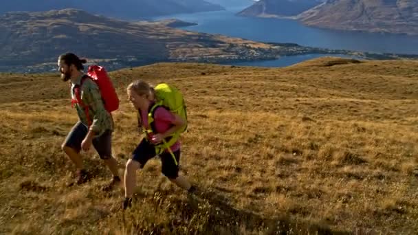 Aerial Drönarvy Aktiva Kaukasiska Manliga Och Kvinnliga Vandrare Utomhus Promenader — Stockvideo