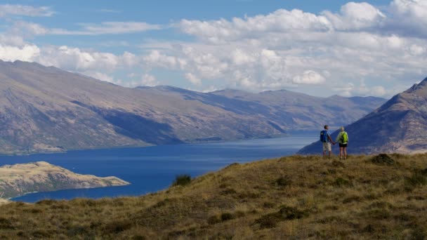 Fit Caucasian Seniors Rucksacks Trekking Keep Healthy Mountains Aspiring Lake — Stock Video