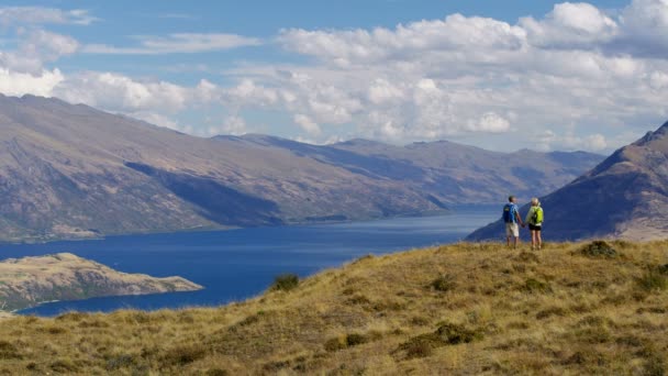 Voyageurs Âgés Caucasiens Actifs Trekking Pour Garder Forme Mont Aspiring — Video