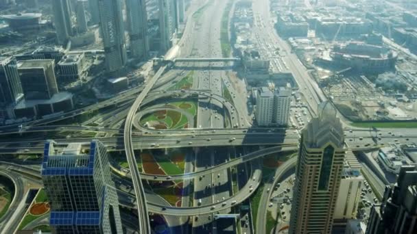 Flygfoto Overhead Dubai Junction Korsningen Sheikh Zayed Road Skyskrapor Öken — Stockvideo