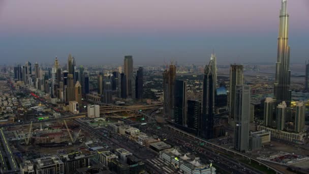 Aerial Sunset Illuminated City View Burj Khalifa Sheikh Zayed Road — Stock Video