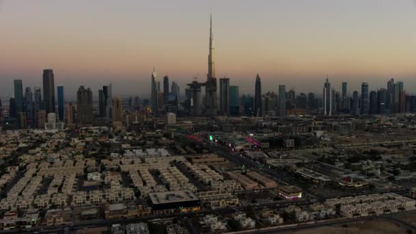 Aerial Sunset Illuminated Residential City View Burj Khalifa Skyscraper Commercial — Stock Video