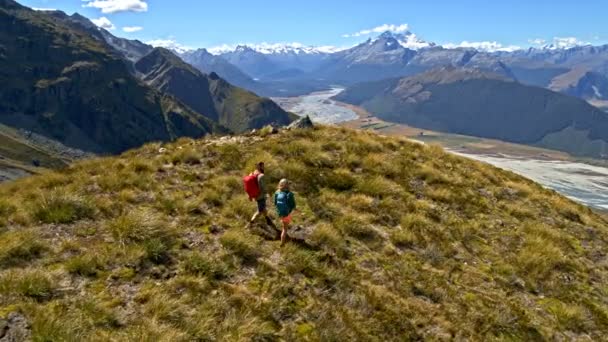 年轻的白种冒险旅行者空中无人驾驶在新西兰南岛的抱负国家公园徒步旅行自然 — 图库视频影像