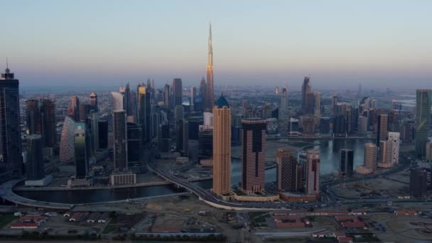 Letecké Slunce Výhledem Burj Khalifa Dubai Creek Downtown Business Bay — Stock video