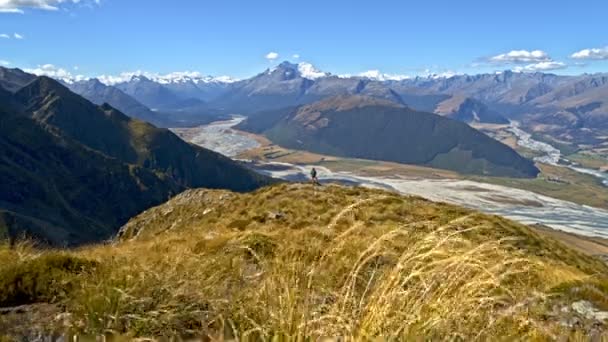 若い白人冒険女性風景ニュージーランドの南島でのトレッキングを楽しんでいるリュックサックの空中ドローン — ストック動画