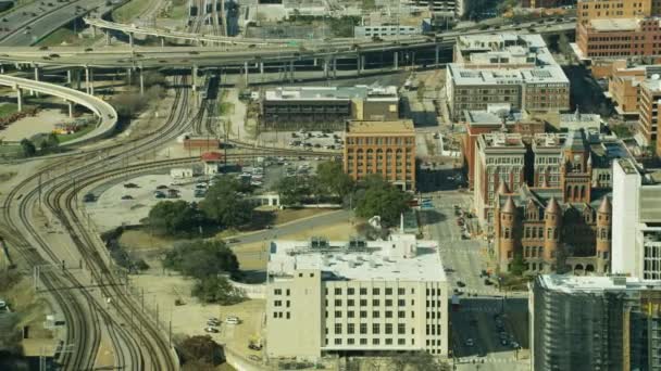 Flygfoto Över Dealey Plaza Och Book Depository Platsen Där Jfk — Stockvideo