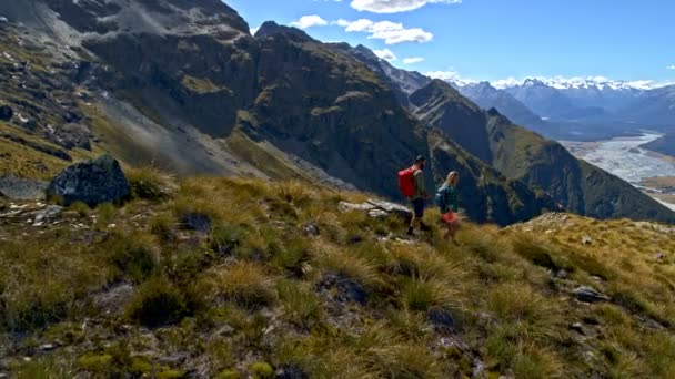 彼らのハイキングの冒険探検でマウント アスパイア リング国立公園ニュージーランド健康な白人カップルの空中ドローン — ストック動画