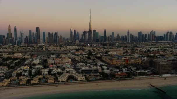 Antenowe Zachód Wybrzeża Widok Burdż Chalifa Miasta Wieżowce Dubaju Bliskiego — Wideo stockowe