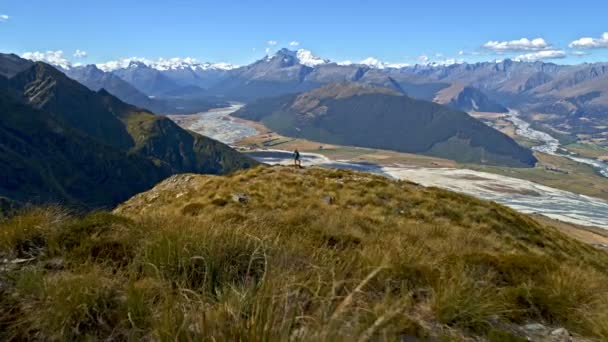 Aerial Drone Healthy Caucasian Girl Her Hiking Adventure Expedition Aspiring — Vídeo de stock