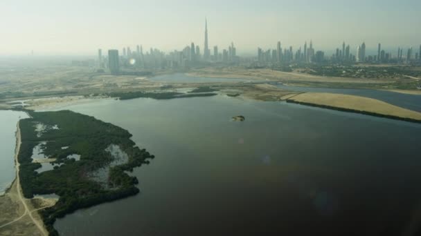 Vista Aérea Dubai Creek Ciudad Rascacielos Negocios Moderno Financiero Comercial — Vídeo de stock