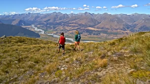 なバックパックのマウント アスパイア リング ニュージーランド南島の荒野でのハイキングを楽しむアクティブな白人ハイカーの空中ドローン — ストック動画