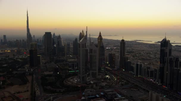 Aerial Sunset City View Sheikh Zayed Road Skyscrapers Metro Rail — Stock Video