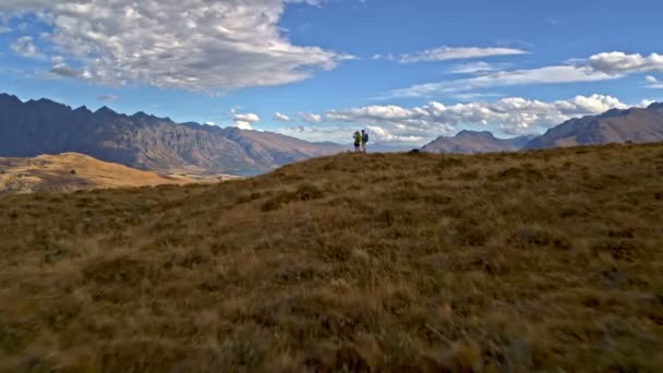 Кавказский Туризм Мужчин Женщин Биноклем Открытом Воздухе Aspiring Lake Wakatipu — стоковое видео