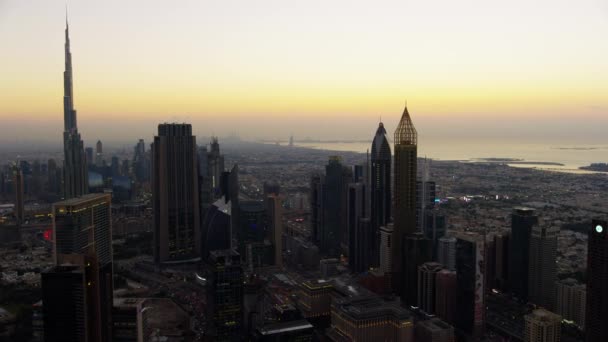 Aerial Sunset City View Sheikh Zayed Road Skyscrapers Metro Rail — Stock Video