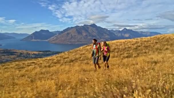 空中无人机的健康高加索徒步旅行者在他们的徒步探险远征在有抱负的国家公园新西兰 — 图库视频影像