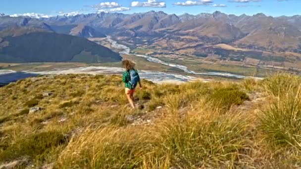 年轻白种冒险女徒步旅行者的空中无人机背包漫步在新西兰福德岛国家公园的性质 — 图库视频影像