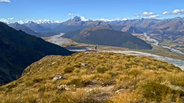 Aerial Drone View Young Caucasian Adventure Female Traveller Achieving Her — Stock Video