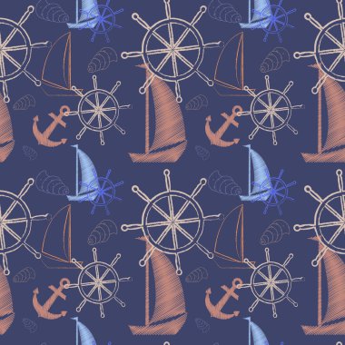 Vektör kesintisiz deniz desenle gemiler, gemi tekerlek, çapa. Çizgi film yazdır. Vektör çizim. Scrapbook kağıt, kağıt ambalaj.