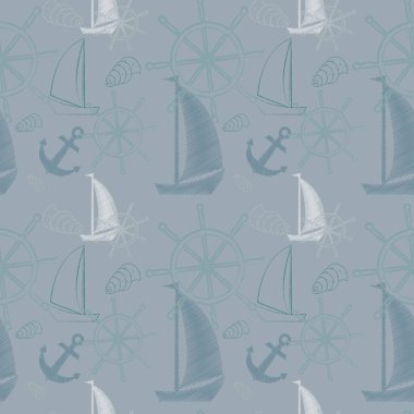 Vektör kesintisiz deniz desenle gemiler, gemi tekerlek, çapa. Çizgi film yazdır. Vektör çizim. Scrapbook kağıt, kağıt ambalaj.