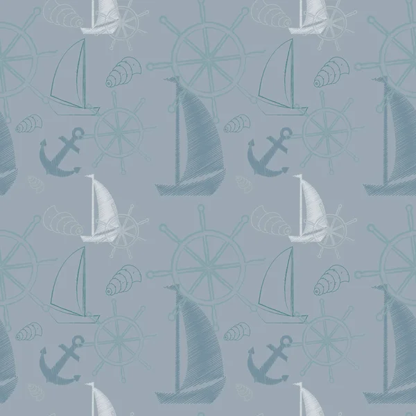 Vektör kesintisiz deniz desenle gemiler, gemi tekerlek, çapa. Çizgi film yazdır. Vektör çizim. Scrapbook kağıt, kağıt ambalaj.
