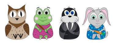 Hayvanlar vektör kümesi. Baykuş, kurbağa, Mors, tavşan karikatür yazdırmak, şirin yazdır. Vektör çizim.