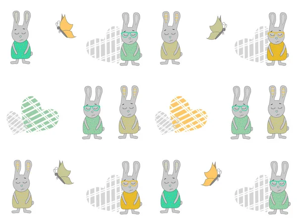 Бесшовный Рисунок Мультяшными Кроликами Сердцами Бабочками Иллюстрация Вектора Кролика Шаблоны — стоковый вектор