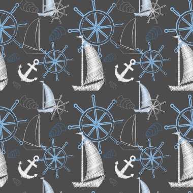 Vektör kesintisiz deniz desenle gemiler, gemi tekerlek, çapa. Çizgi film yazdır. Vektör çizim. Scrapbook kağıt, kağıt ambalaj.