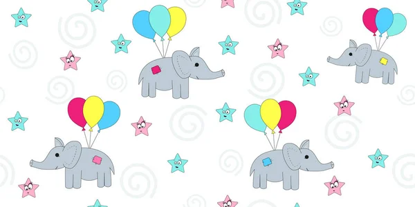 Seamless Pattern Cartoon Elephants Flying Balloons Vector Illustration Cartoon Elephant — Stock Vector