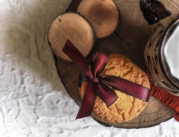 Cup Milk Cake Composition Country Breakfast Cookie Milk — Stock Photo, Image