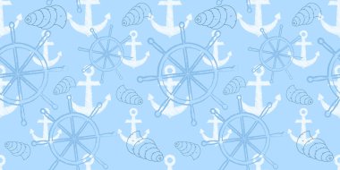 Kesintisiz deniz desen ile geminin tekerlek vektör, çapa. Çizgi film yazdır. Vektör çizim. Scrapbook kağıt, kağıt ambalaj.