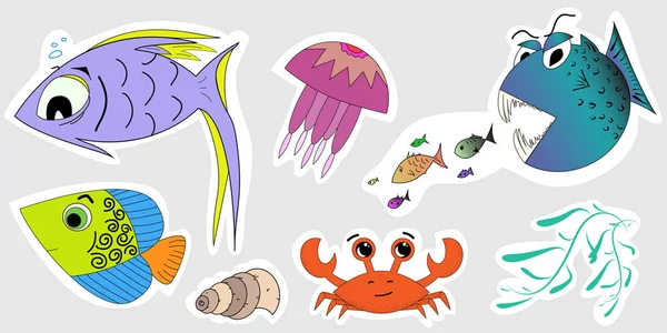 Satu Set Stiker Penduduk Laut Ilustrasi Bayi Ikan Kepiting Ubur - Stok Vektor