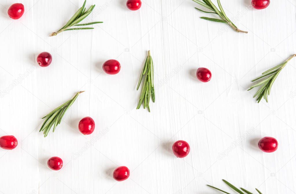 Cranberry pattern on white wooden background. Background with cranberries. Useful berries.