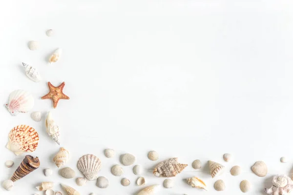 Concepto Sobre Tema Marino Conchas Mar Toalla Sobre Fondo Madera — Foto de Stock