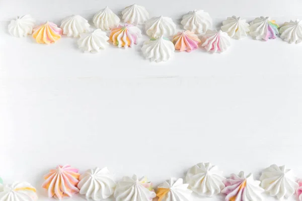 Frame Text Color Meringues Background Banner Sweets Multicolored Meringues White — Stock Photo, Image