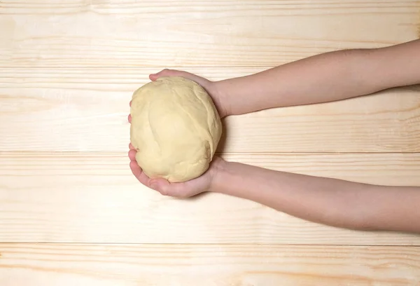 Dough Hands Child Wooden Background Homemade Dough Bread Pasta Dumplings — Stock Photo, Image