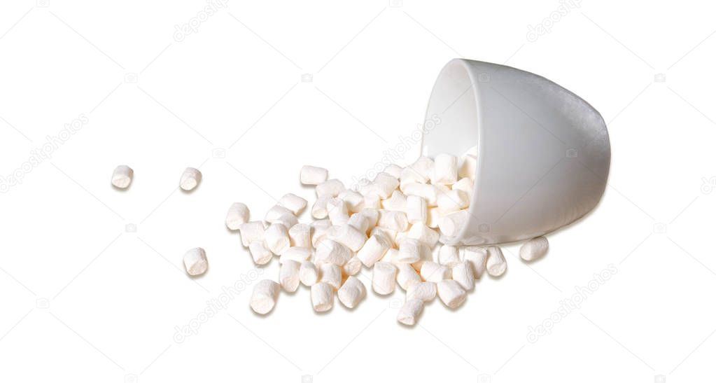 Photo with marshmallows with a cup isolated on white background.