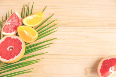 Beyaz arka plan üzerinde palmiye yaprağı ile banner için çerçeve. Tropikal afiş. Beyaz ahşap zemin üzerinde palmiye yaprağı.