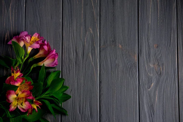 Hintergrund für Textbanner auf dunklem Holzgrund mit rosa Blumen. leer, Rahmen für Text. Grußkarten-Design mit Blumen. aalstroemeria auf Holzgrund. Blick von oben — Stockfoto