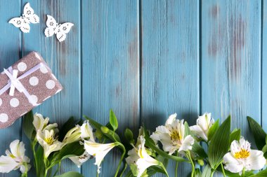 Kare metin doğal çiçekler, kelebekler, Hediyelik tebrik için. Arka plan için mavi renk afiş Alstroemeria çiçekleri ile. Yukarıdan görüntülemek