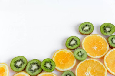 Profil, tasarım, meyve ile yazdırma için arka plan. Portakal ve kivi ile banner için temel. Taze ve natkralnye vitamin. Sağlıklı gıda. Düz yatıyordu, en iyi görünümü.