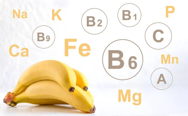 Bananen Vitamine und Mineralstoffe Infografik. Gesunde Ernährung. Vitamine in Lebensmitteln. Fotos von Bananen mit einer Liste von Vitaminen und Mineralstoffen. gesunde Ernährung, Vegetarismus, Ernährung, richtige Ernährung — Stockfoto