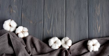 Gerçek pamuk çiçekler, gri yün kumaş, ahşap arka plan üzerinde metin için çerçeve ile banner için çerçeve. Çiçek ile tebrik kartı. Pamuk çiçekli metin için çerçeve. Yukarıdan görüntülemek